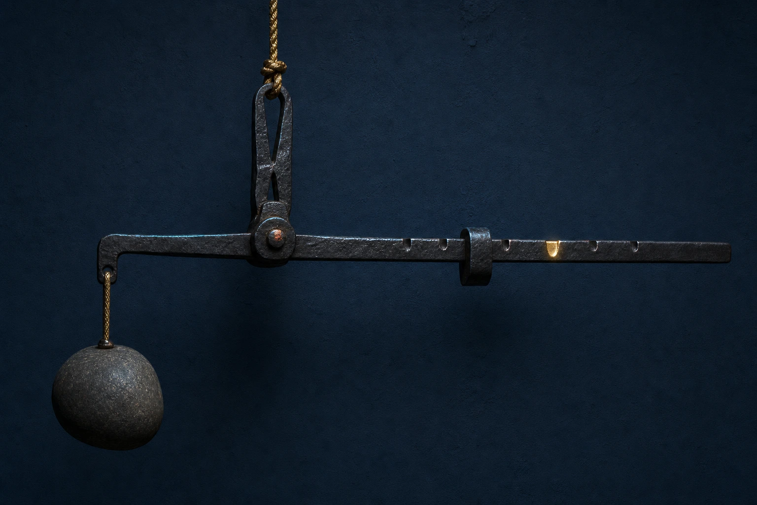 An iron balance beam hangs level from a braided gold cord with its slider resting in one deeply worn gold notch among plain untouched notches.