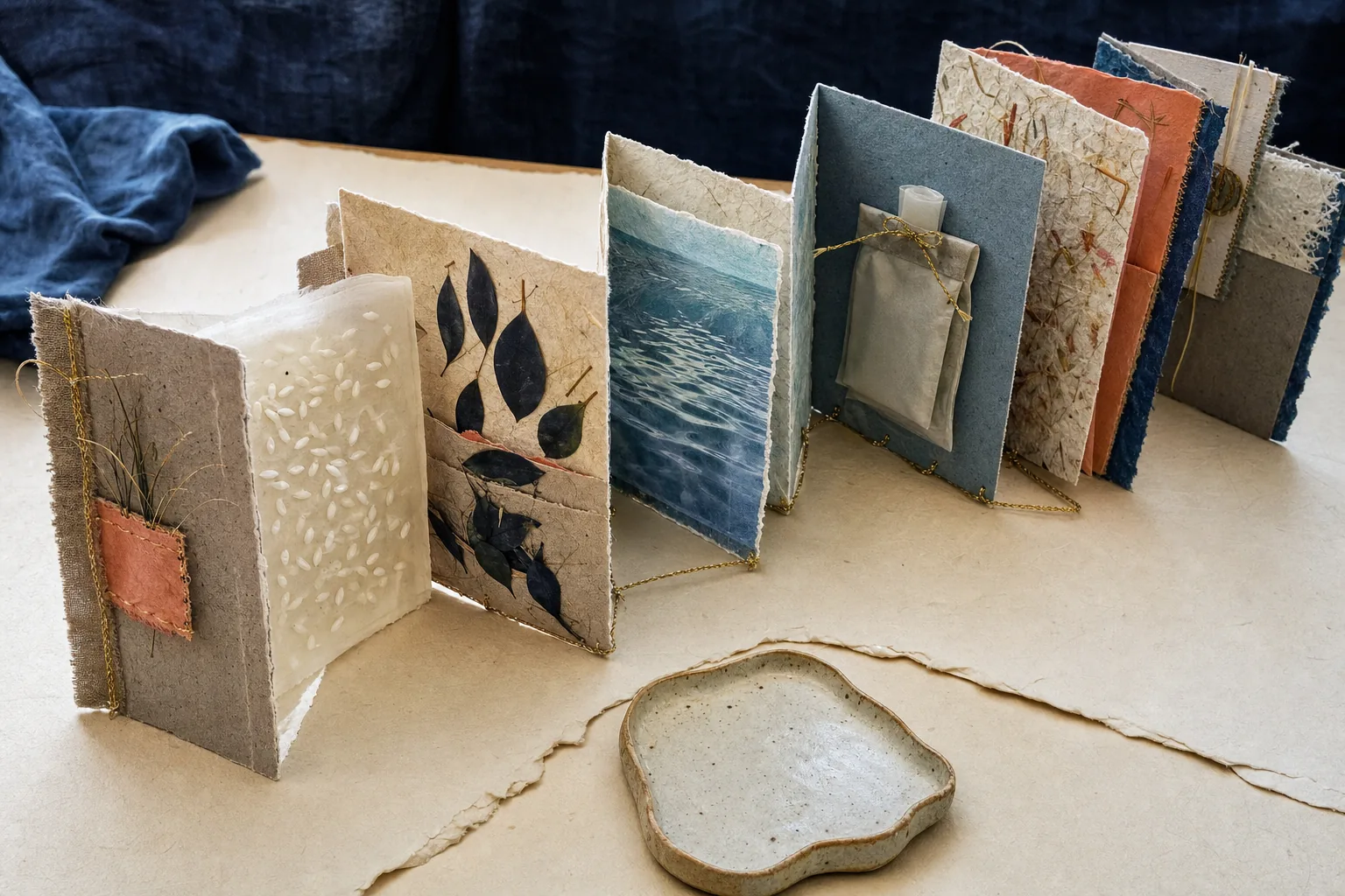 A long zigzag concertina book passes varied unlabeled studies beside one off-axis ceramic meal boundary.