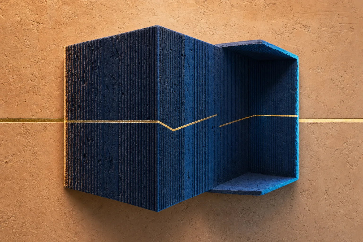 One folded relief appears as both a blocking wall and an open shelter along a shifting gold sightline.