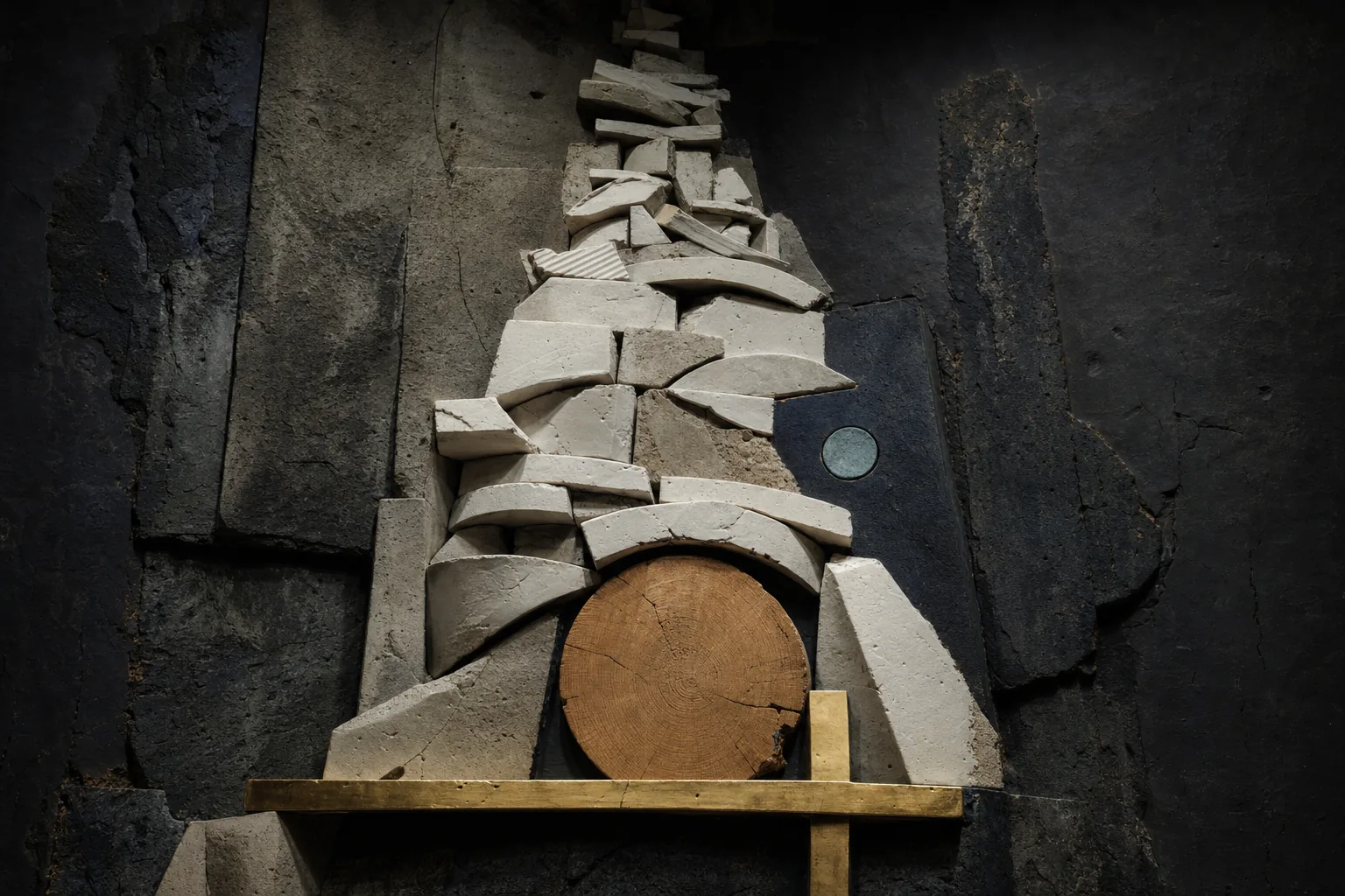 An unstable white tower rises above one secure wooden circle and plain gold threshold.