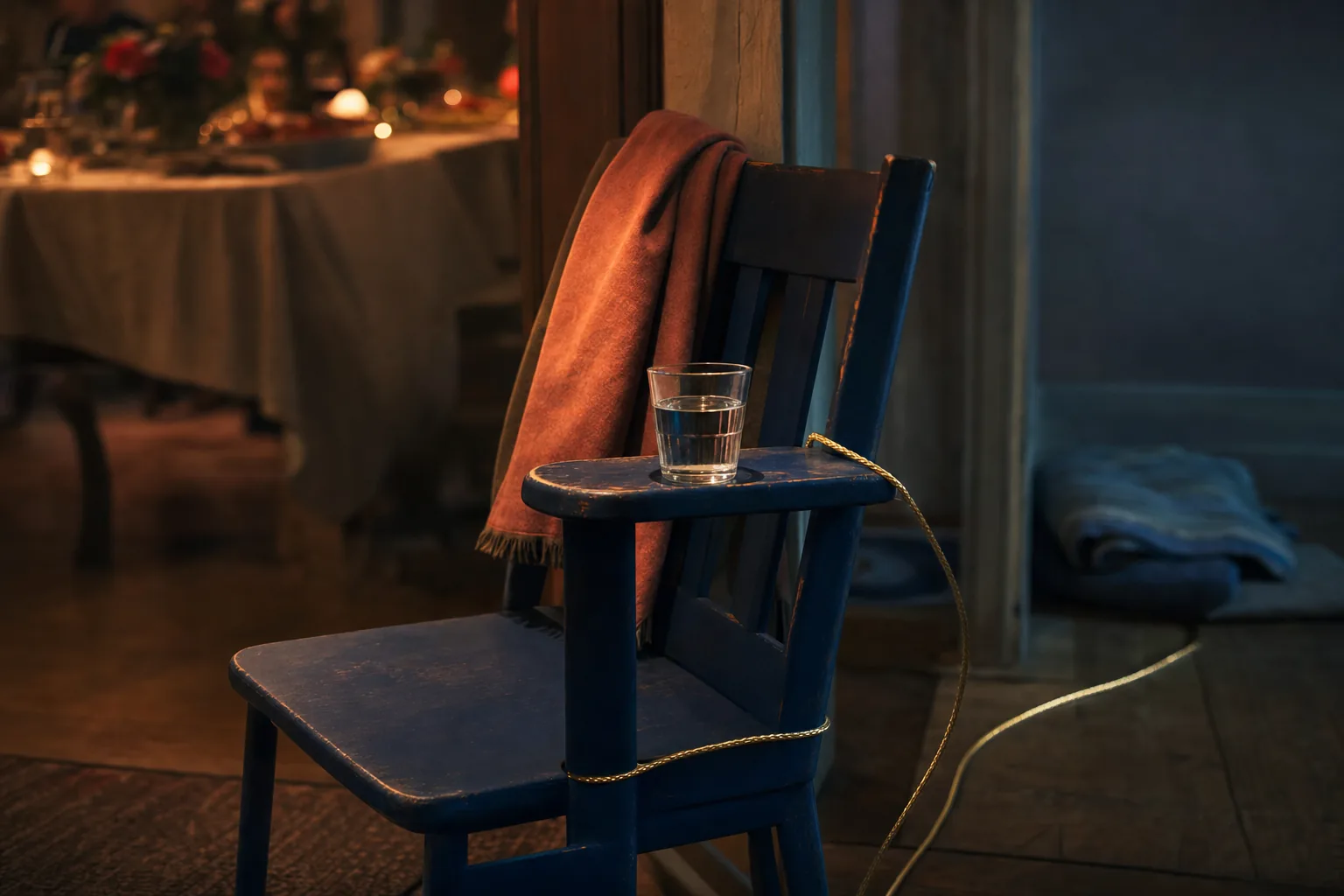 A blue chair with water and folded coat sits outside warm dining light as a gold cord leads toward rest.