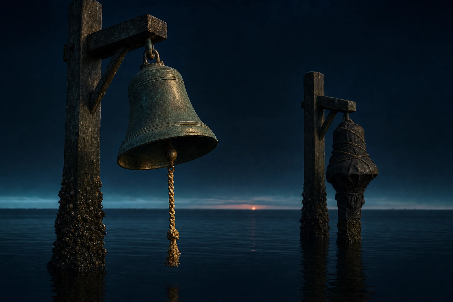 Two bronze bells stand on posts in dark night water, one swinging free on a gold cord above a calm low tide and one bound in cloth with the water risen high around it.
