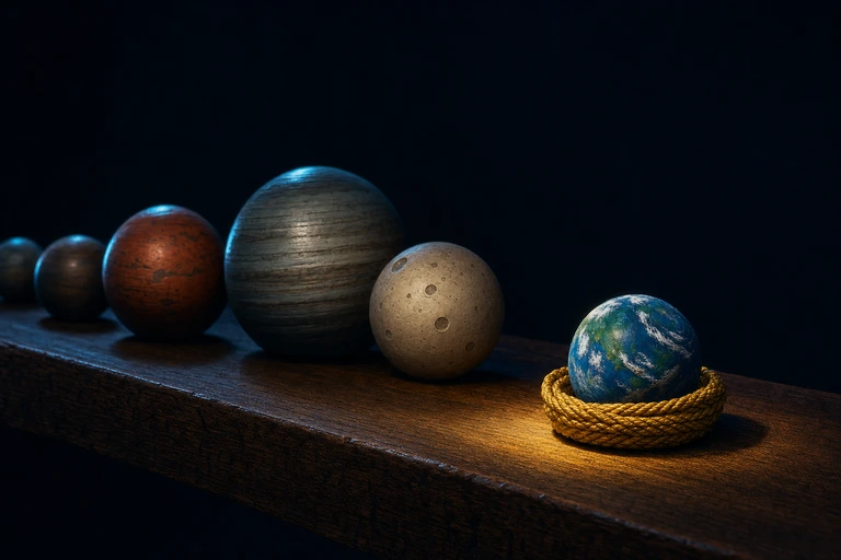 Turned wooden spheres painted as barren planets recede into shadow while one small living blue green sphere rests apart in a cradle of gold cord.