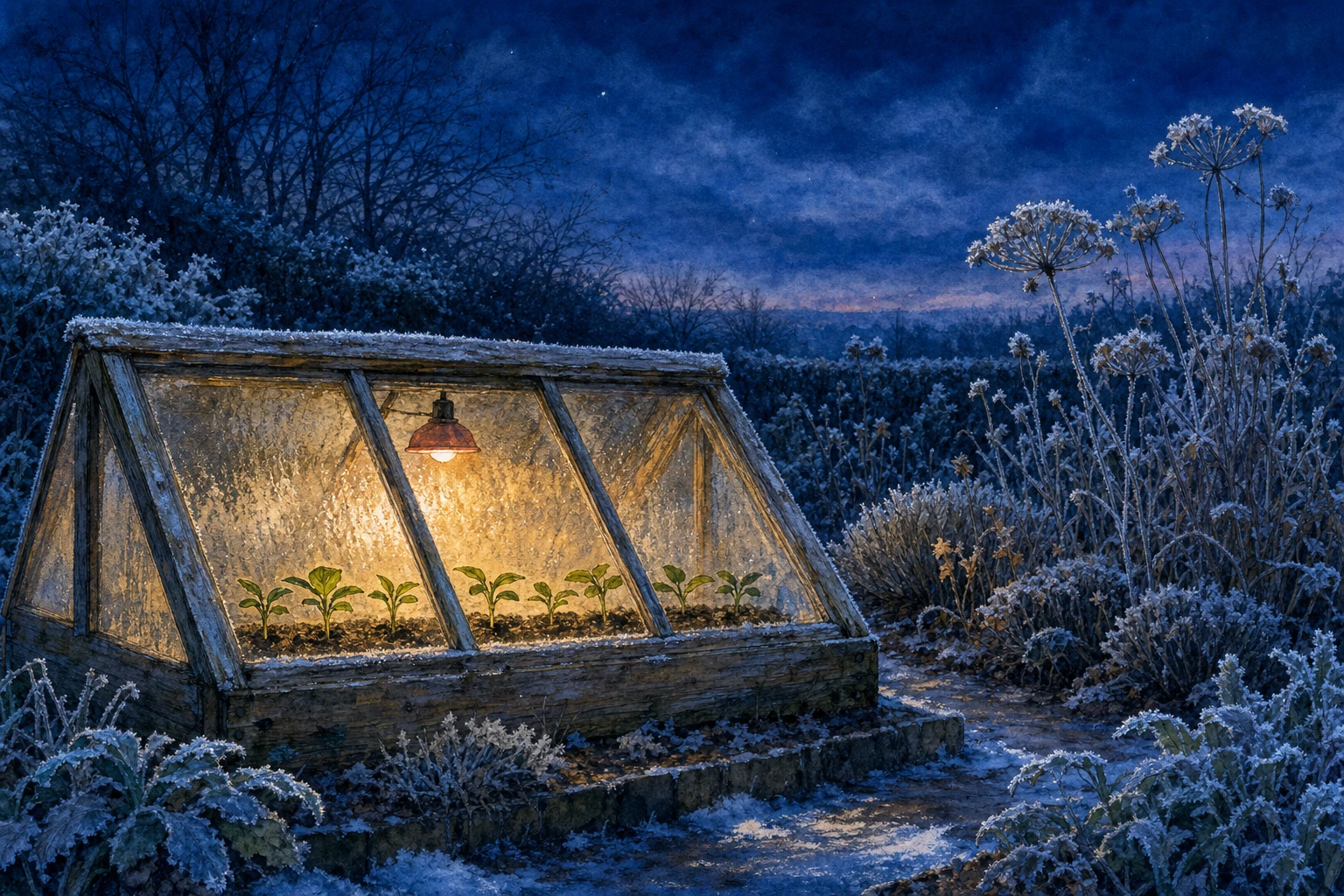 Seven young seedlings shelter inside a warmly glowing glass cold frame in a frosty blue winter garden while hardy plants stand outside in the cold.