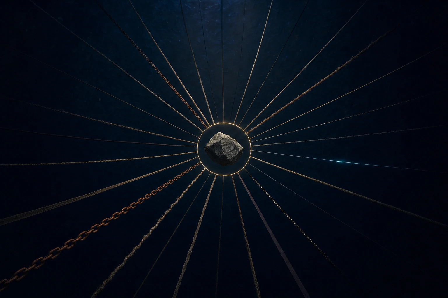 A rough stone floats at the center of a dark chamber while chains, cords, and ropes of different kinds all hang equally slack around it.