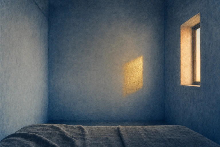 An aquatint print of a bare corner room where gray-blue dawn light and one small gold window patch fall on empty plaster walls.