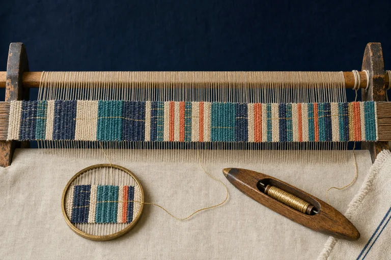A long woven band balances varied passages while one circular frame captures only a single incomplete section.