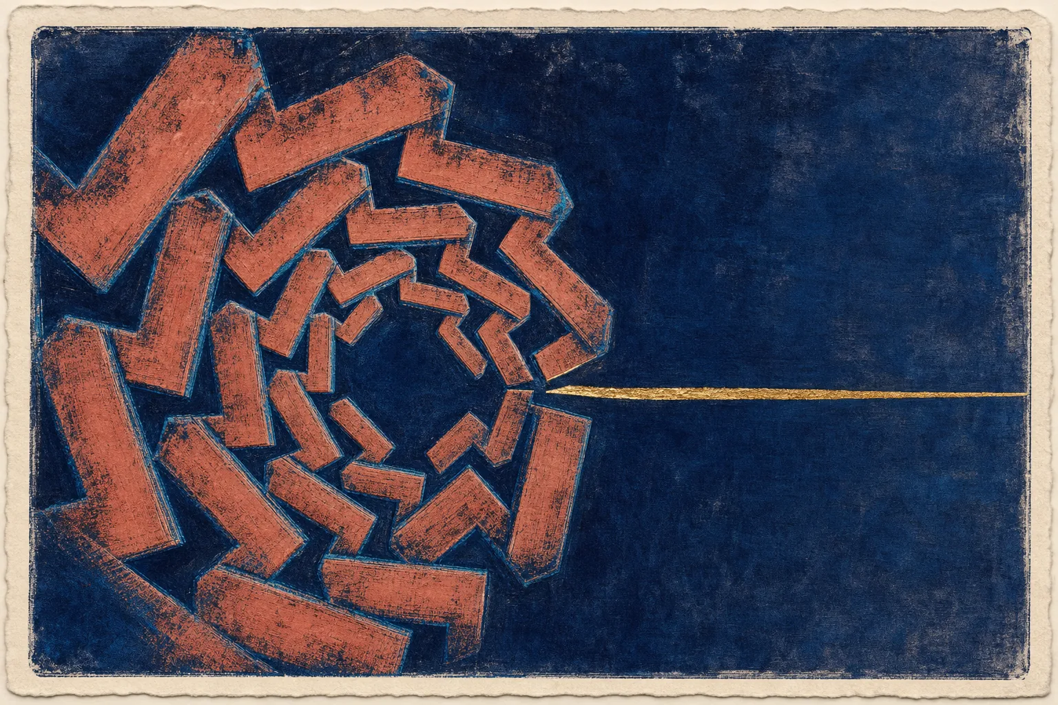 A self-repeating indigo print closes into a loop until a gold cut opens a practical path.