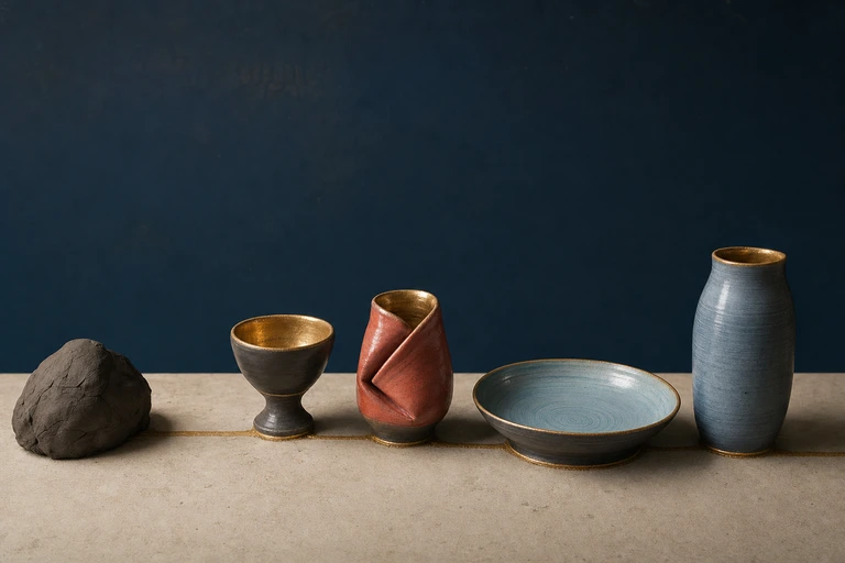 A raw clay mound sits beside a fan of finished vessels in different shapes and glazes, joined by one gold slip line.