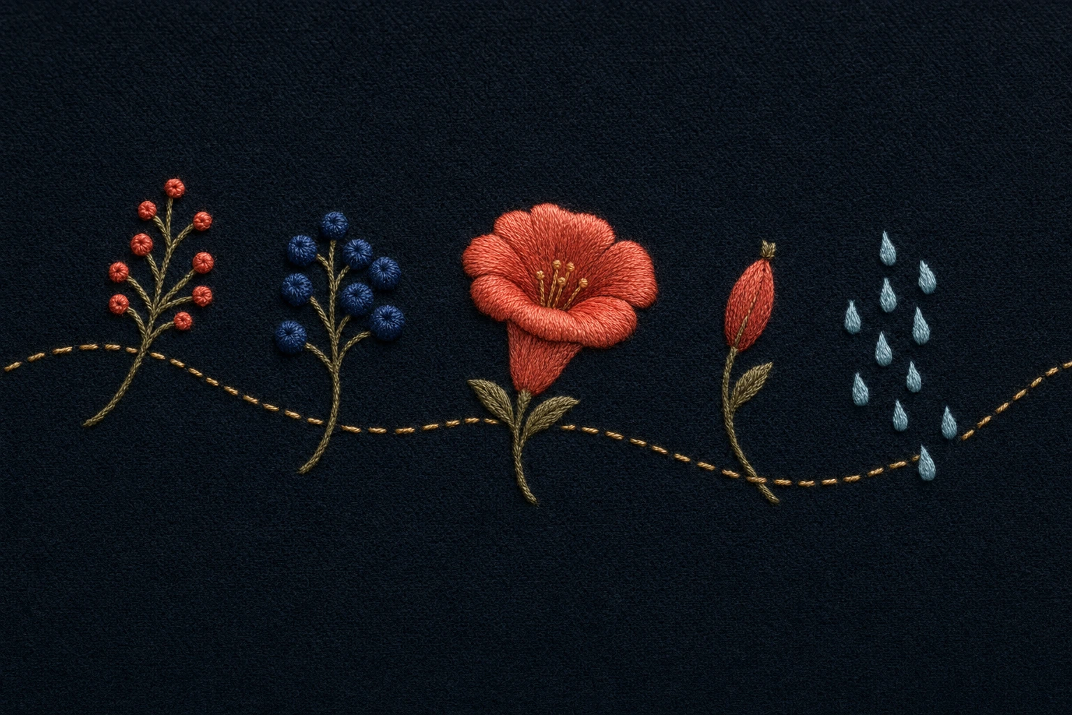 Five embroidered botanical motifs cross a midnight wool panel in a calm arc joined by one continuous warm gold running stitch.