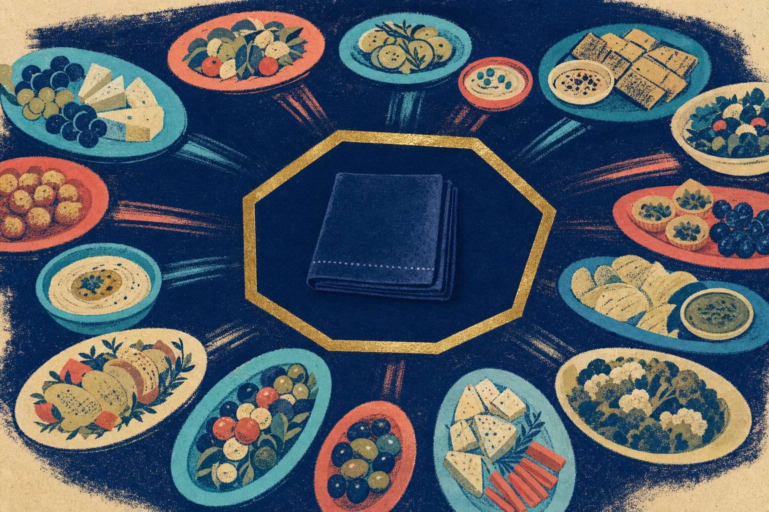 Colorful serving plates pause outside a gold boundary enclosing one calm folded place cloth.