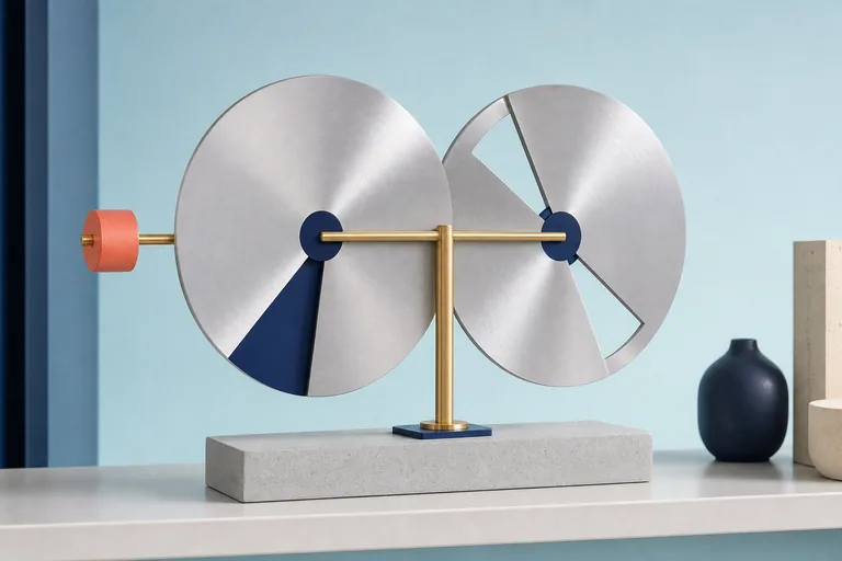 Two differently gapped metal discs rotate around the same gold spindle and return to one blue anchor.