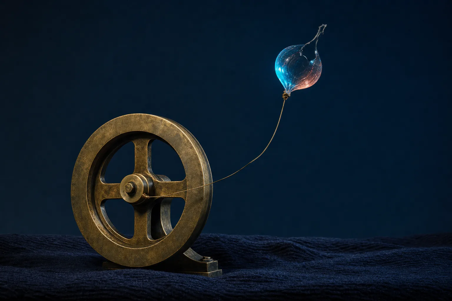 A steady brass flywheel crosses dark hunger waves while a brilliant cyan glass bubble rises and fades.