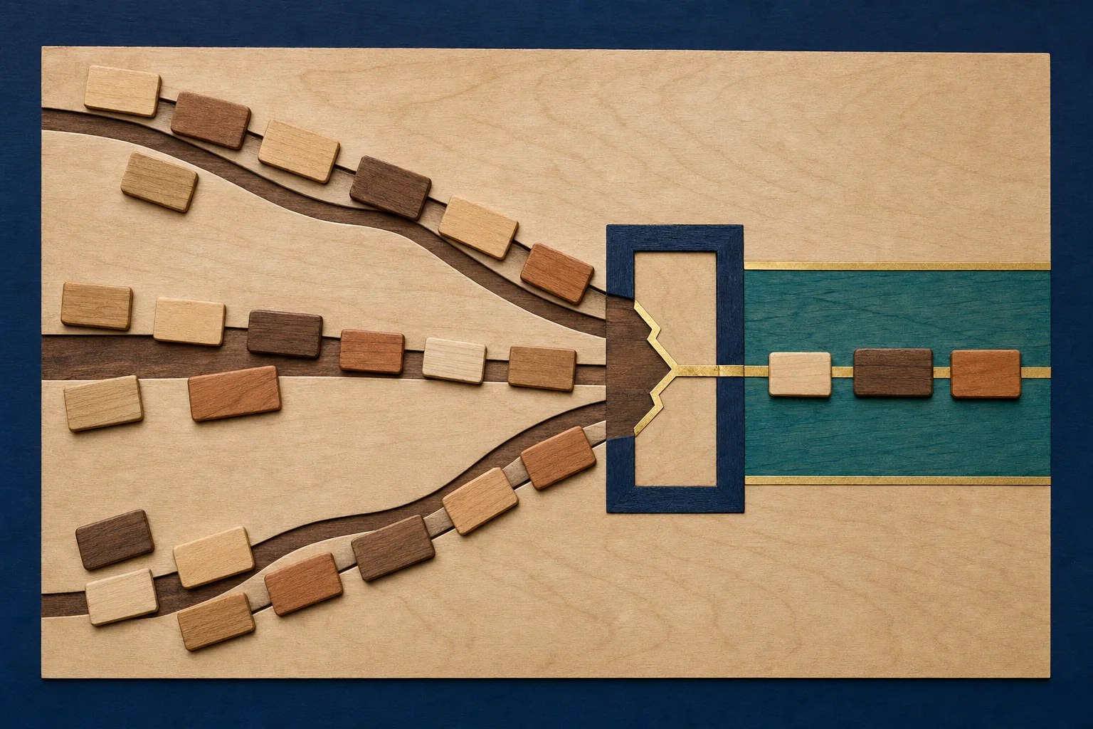 Blank marquetry tiles follow staggered grooves toward a repaired indigo boundary and a broad jade maintenance band.