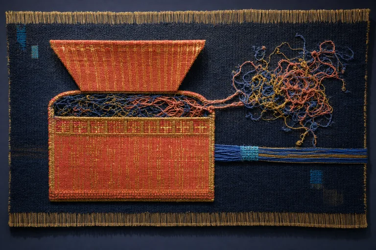 A festive woven pocket reveals tangled fibers beside a calm blue band of return.