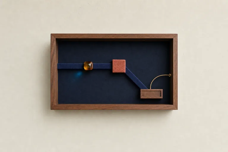 An amber glass bead redirects through a felt groove inside one clearly bounded walnut shadow box.