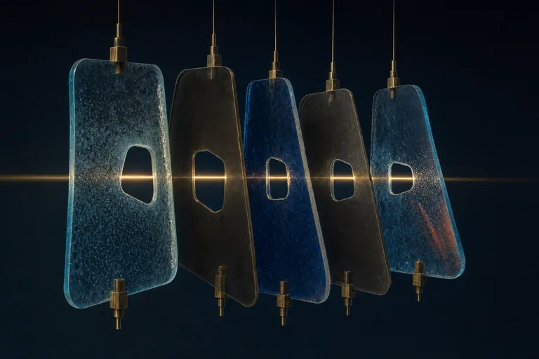 Staggered noncircular smoked-glass plates align briefly, opening a clear passage for one warm gold beam.