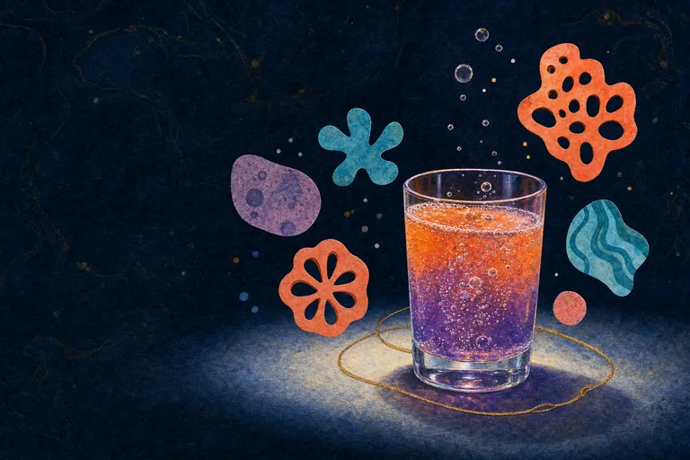An anonymous glass of orange-violet soda glows among uncertain coral and cyan flavor shapes on a dark field.