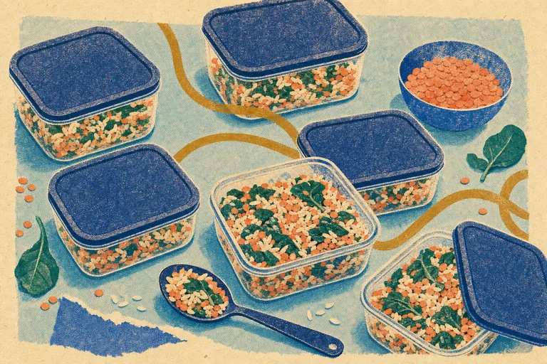 Several meal-prep containers hold lentil, rice, and green shapes in an imperfect printed rhythm.