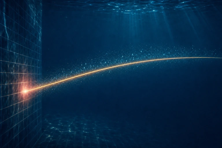 A single gold streamline launches from a dark tiled pool wall and glides through deep ultramarine water trailing fine cyan bubbles.