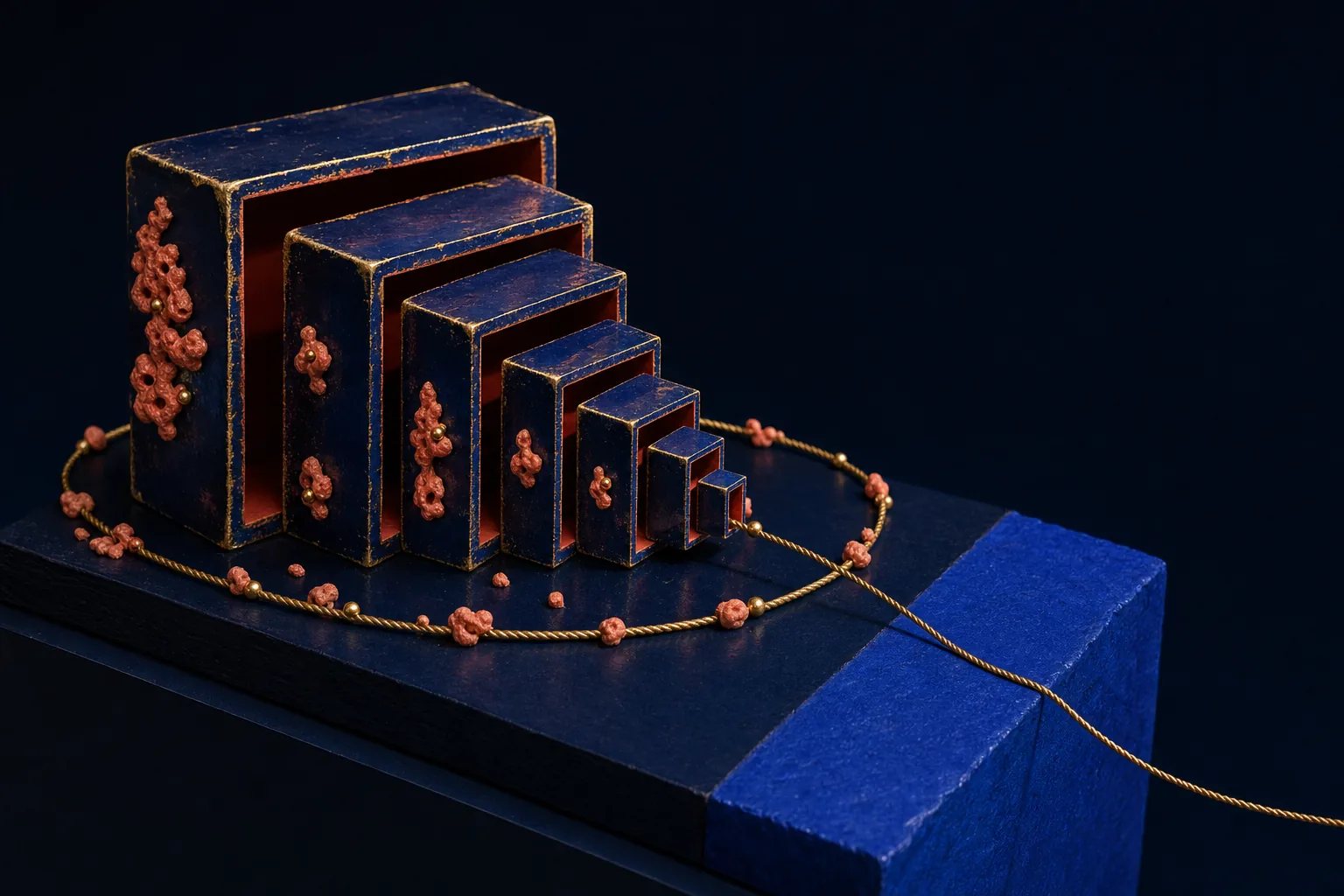Nested lacquered boxes open onto more hollow boxes as a gold cord exits their orbit across a blue boundary.