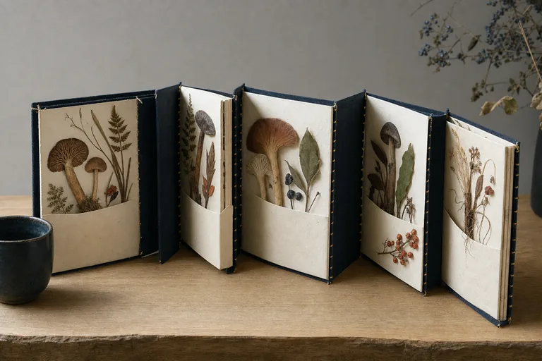 An unlabeled accordion book holds pressed mushrooms, roots, leaves, and berries beside a plain cup.
